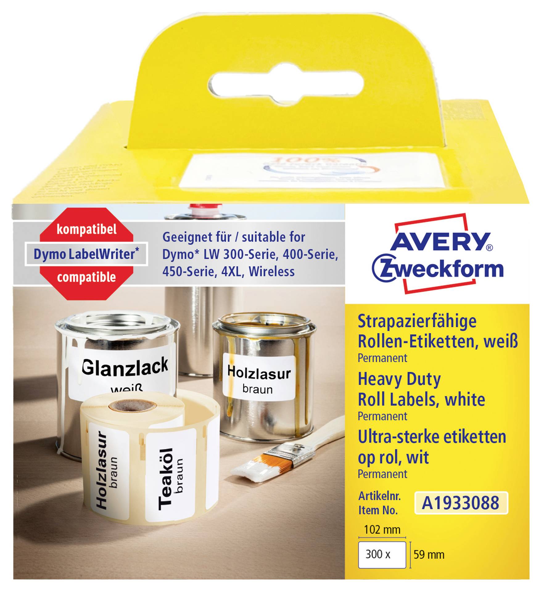 Emballage pour étiquettes blanches rouleau de qualité supérieure Avery Zweckform, compatibles avec les imprimantes Dymo LabelWriter, montrant des boîtes de conserve étiquetées avec des étiquettes d'exemple.