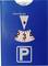 Disque de stationnement bleu avec le symbole 'P' blanc. La flèche pointe sur 15:00 heures sous le mot 'Heure d'arrivée' en haut du disque.