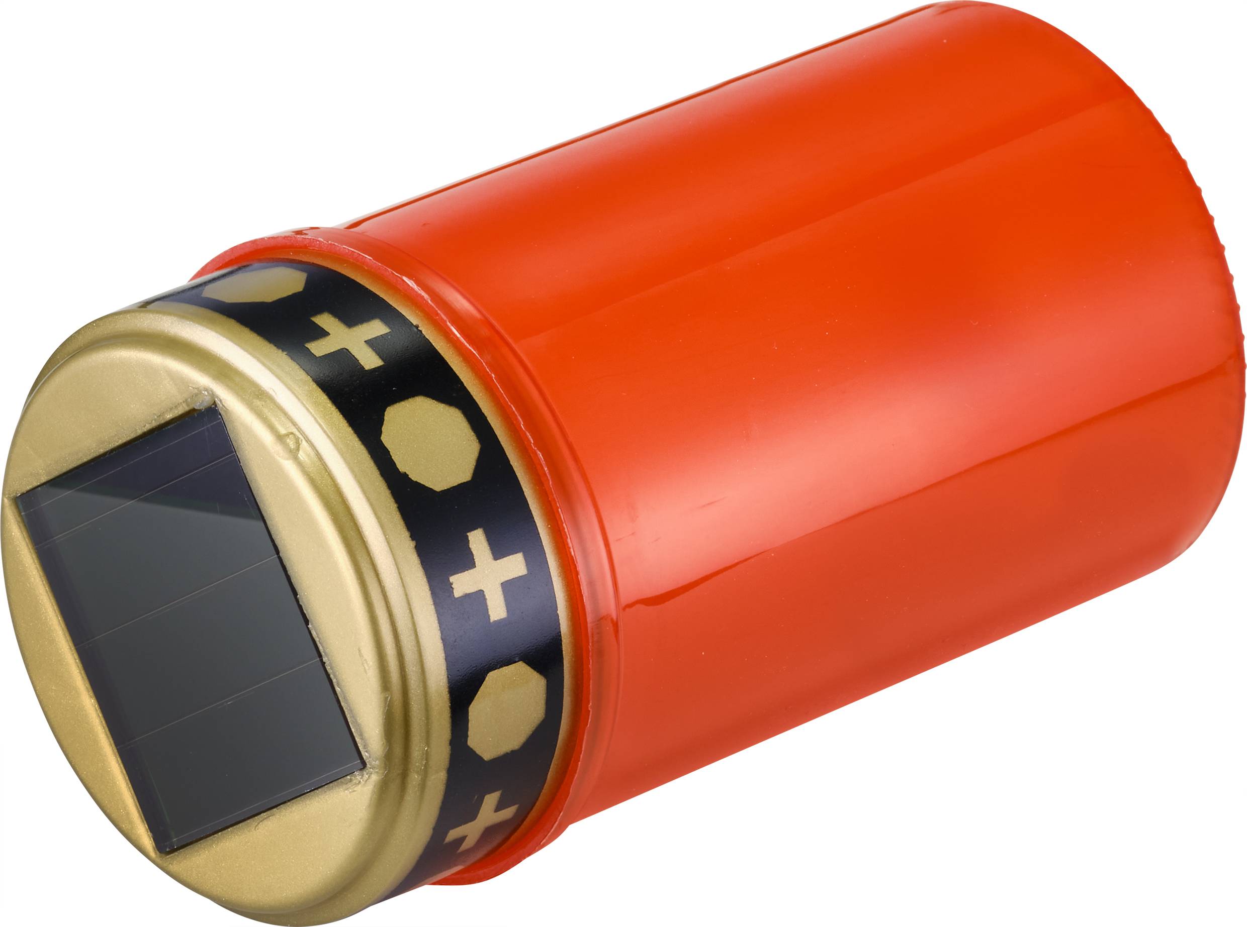 Un récipient cylindrique rouge avec un couvercle doré. Dessus se trouvent des symboles géométriques noirs et blancs.