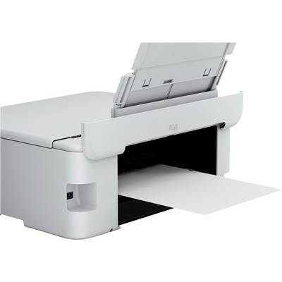 Une imprimante blanche sort une feuille de papier. Le couvercle est ouvert, et l'alimentation papier est visible.
