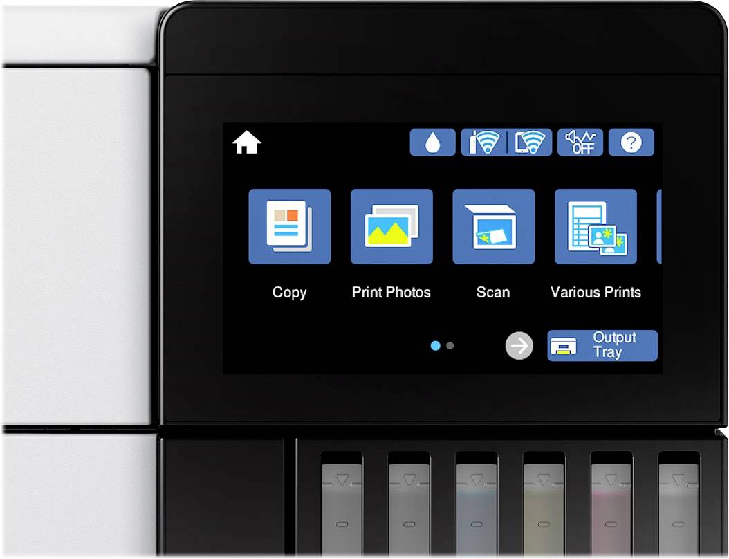 Écran d'imprimante avec les options 'Copier', 'Imprimer des photos', 'Numériser' et 'Diverses impressions'. Des icônes indiquant le niveau d'encre, le Wi-Fi et les paramètres sont visibles.