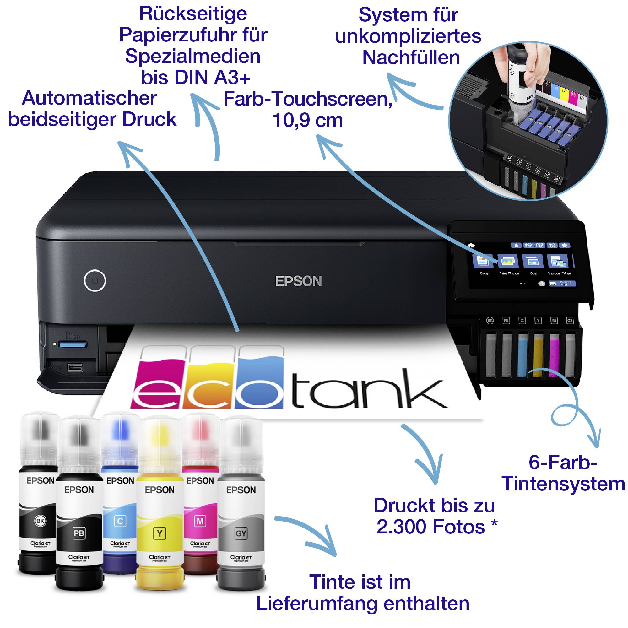 Epson EcoTank ET-8550 Imprimante multifonction jet d'encre couleur A4, A3 imprimante, scanner, photocopieur recto-verso,-10