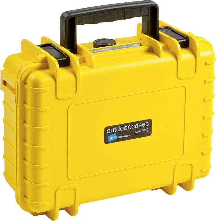 Mallette de protection jaune stable avec poignée et étiquette noire indiquant 'outdoor.cases type 1000'. Idéal pour le transport et le rangement.