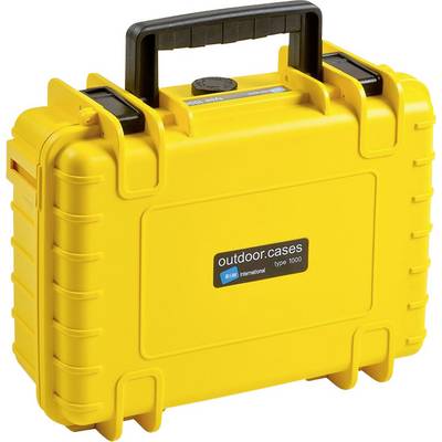 Mallette de protection jaune stable avec poignée et étiquette noire indiquant 'outdoor.cases type 1000'. Idéal pour le transport et le rangement.