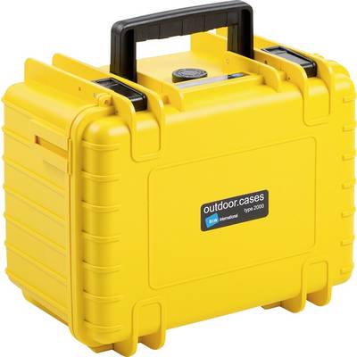 Valise de plein air jaune au design robuste avec une poignée noire. Autocollant portant le texte 'outdoor.cases type 2000' sur la face avant.