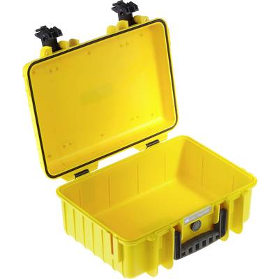 Valise de transport jaune, ouverte, robuste, avec poignée et fermetures noires, idéale pour le transport sécurisé d'objets délicats.