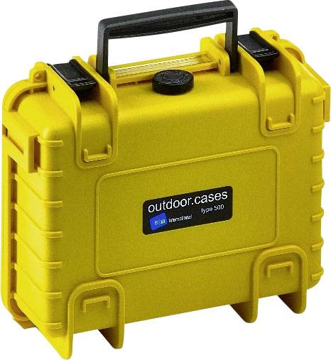 Valise robuste jaune pour l'extérieur avec poignée noire, adaptée pour l'équipement sensible. Inscription : « outdoor.cases type 500 ».