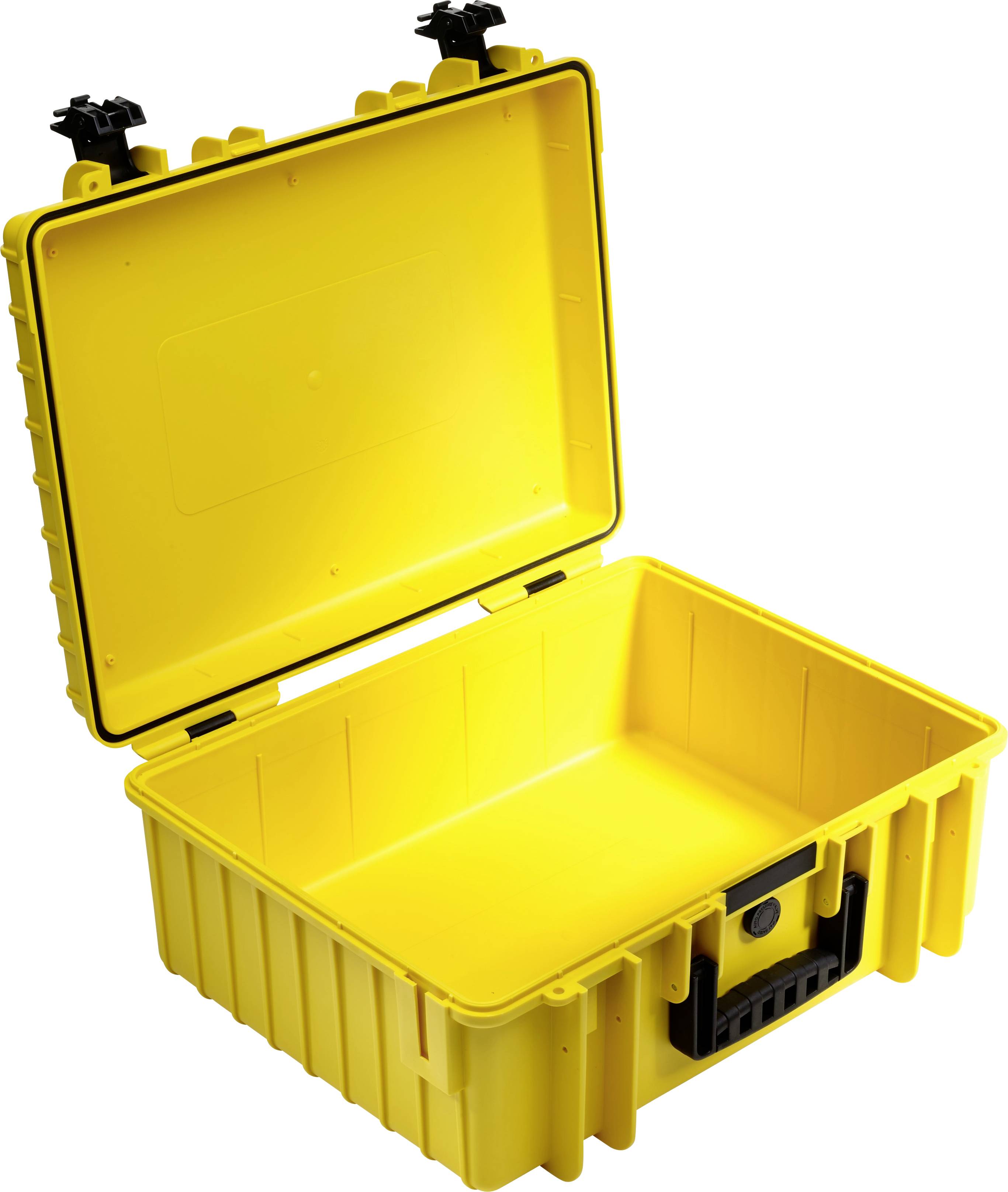 Valise jaune, ouverte, au design robuste avec une poignée noire, adaptée au transport en toute sécurité d'objets fragiles.