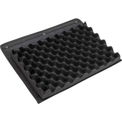 Un insert en mousse noir et ondulé repose sur une surface. La mousse présente un design protecteur, adapté aux objets délicats.