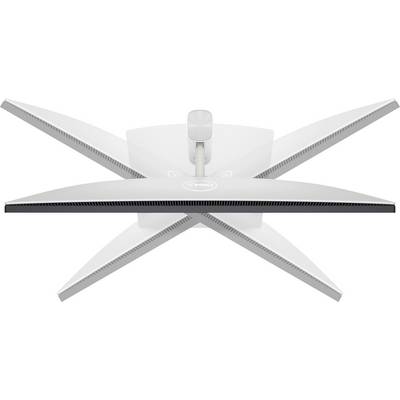 Un moniteur blanc, vu de dessus, présente des fonctions de pivotement et d'inclinaison grâce à sa disposition en forme de X.