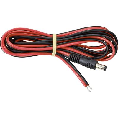 Un câble électrique rouge et noir avec une extrémité dénudée et une prise femelle, enroulé d'un élastique.