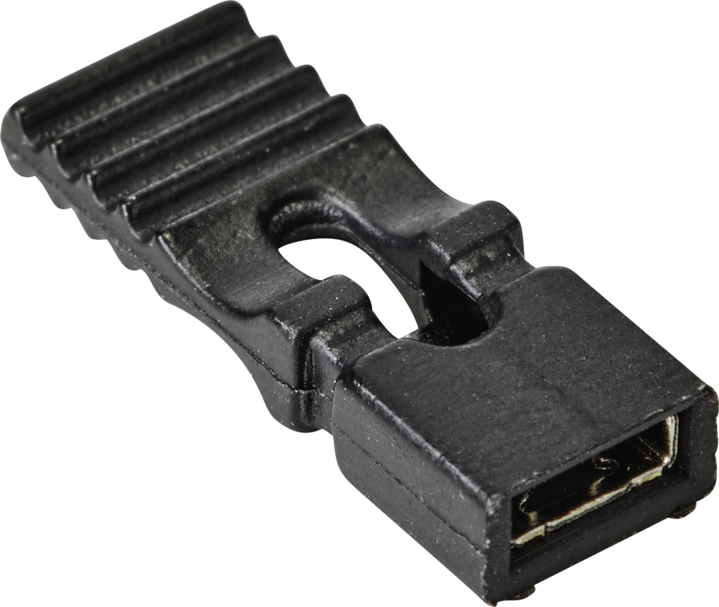 Un connecteur en plastique noir nervuré avec une connexion rectangulaire.