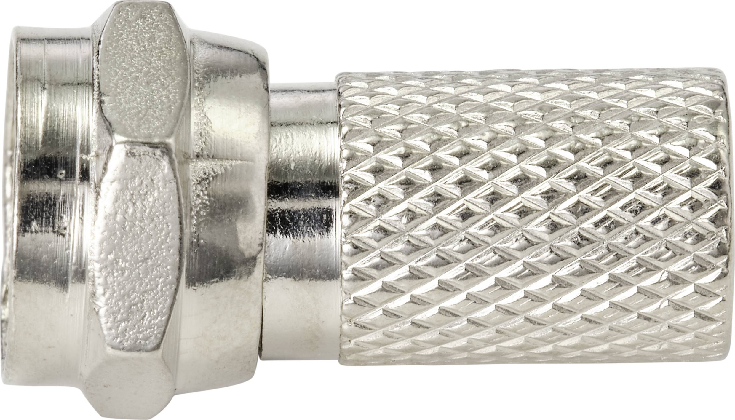 Une fiche métallique argentée, probablement un connecteur coaxial, avec une poignée cannelée et un écrou hexagonal à l'extrémité gauche.