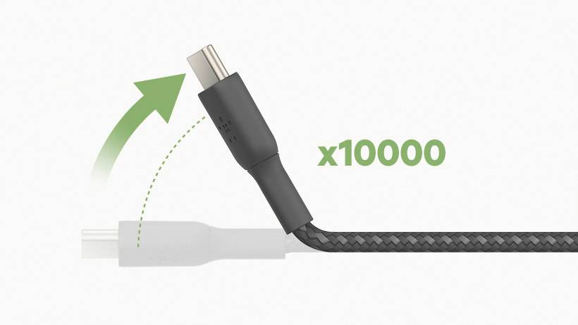 Câble USB-C avec texte 'x10000', montrant la flexibilité par un connecteur courbé image libre de droits