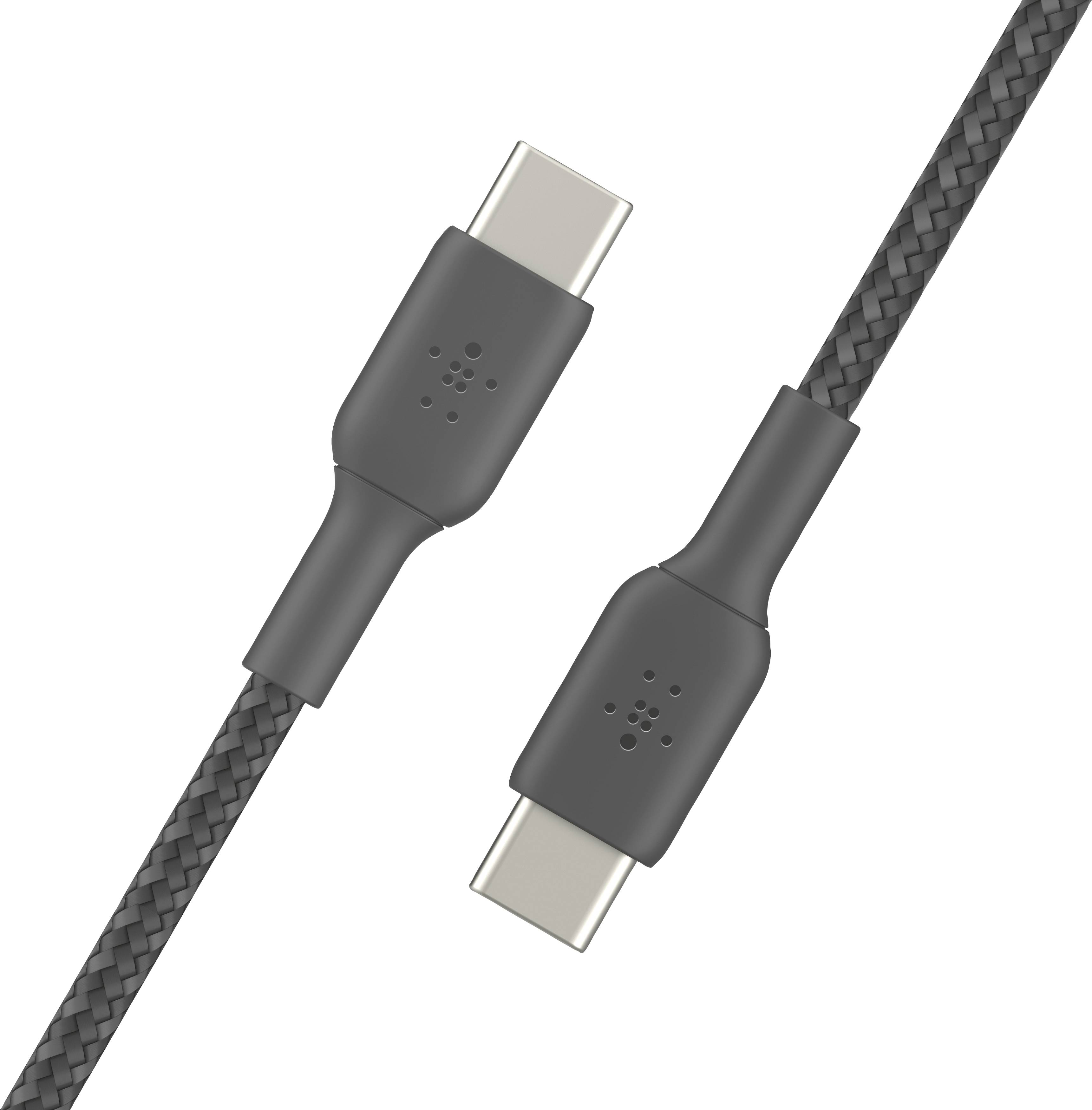 Câble USB-C tressé noir avec deux connecteurs ; conçu pour relier des appareils, robuste et durable pour une utilisation prolongée.