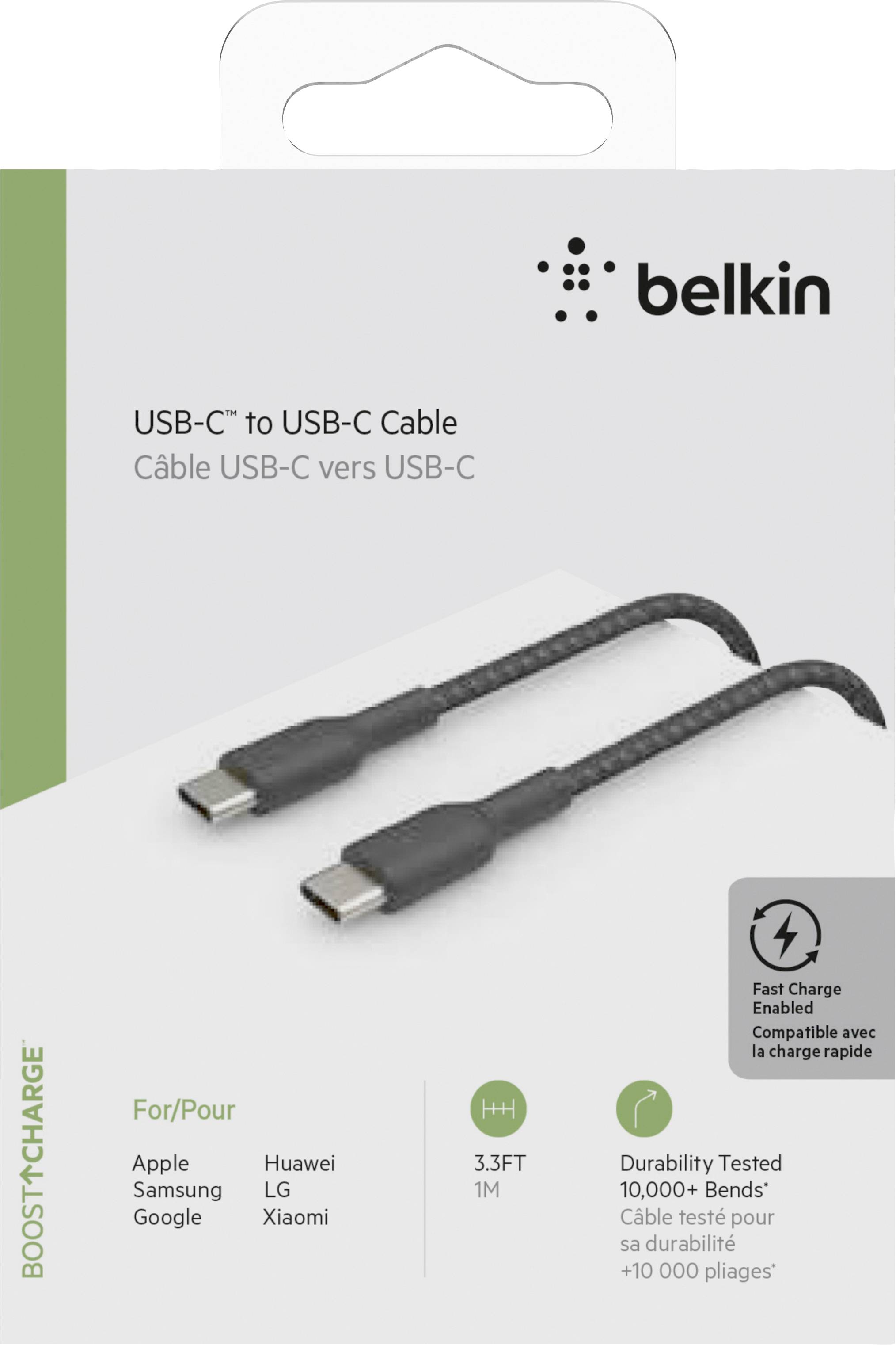 Câble USB-C vers USB-C de Belkin, 1 mètre, compatible avec Apple, Samsung, Huawei, LG, Xiaomi. Prend en charge la charge rapide, testé pour sa durabilité.
