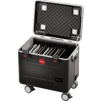 Mallette de transport noire ouverte sur roulettes, spécialement conçue pour le transport sécurisé des ordinateurs portables. Comprend plusieurs compartiments pour ordinateurs portables.