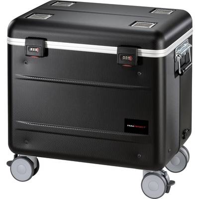 Une valise à roulettes noire, verrouillable, avec un design robuste et des poignées télescopiques, adaptée au transport sécurisé d'équipements.