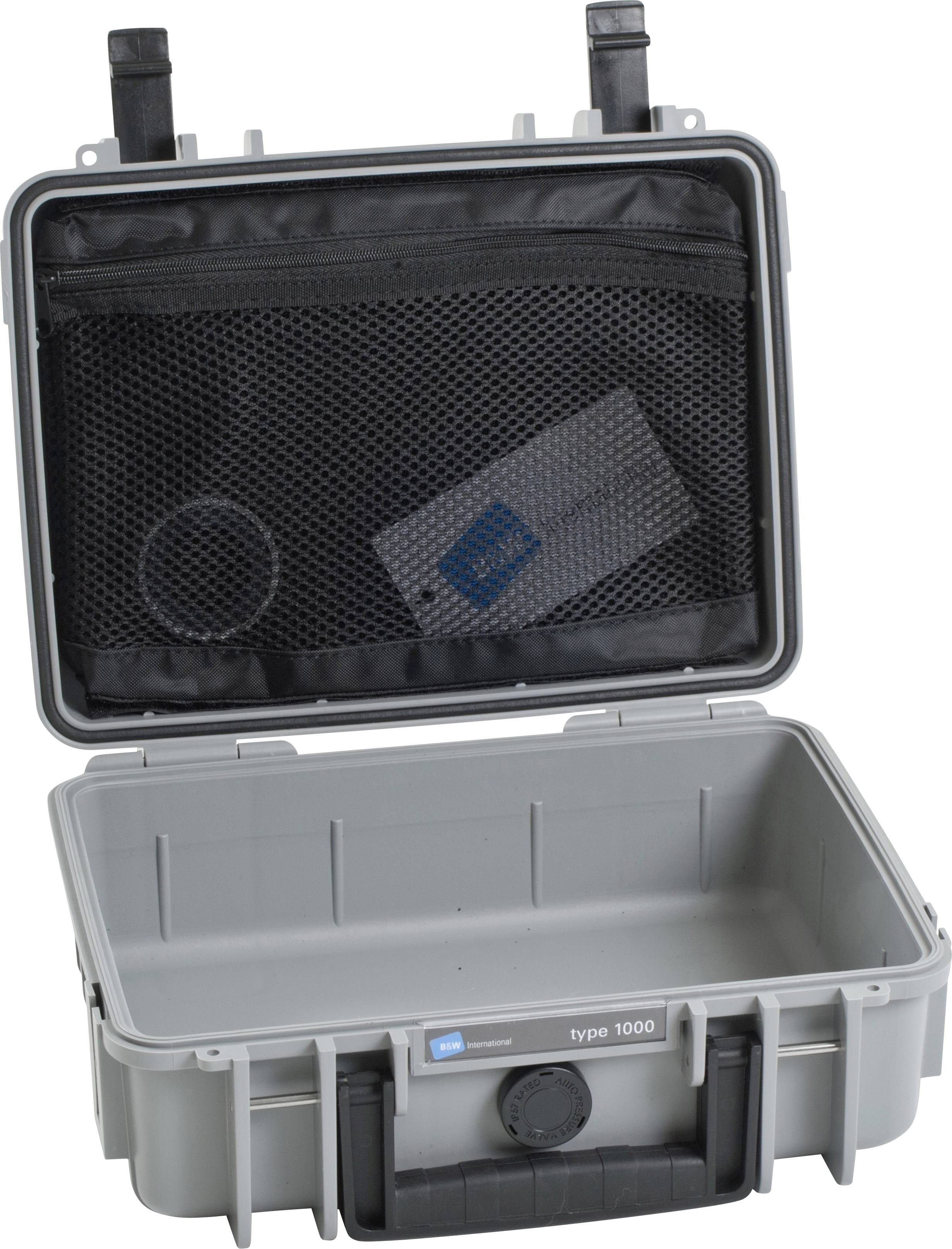 Valise gris-bleu à couvercle ouvert, compartiment intérieur en filet avec batterie spéciale, compartiment inférieur vide ; design robuste, portable.