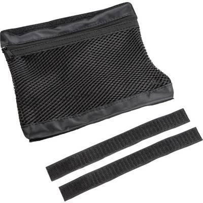 Sac filet noir avec fermeture éclair et deux bandes auto-agrippantes en dessous, probablement pour fixer ou organiser des objets.