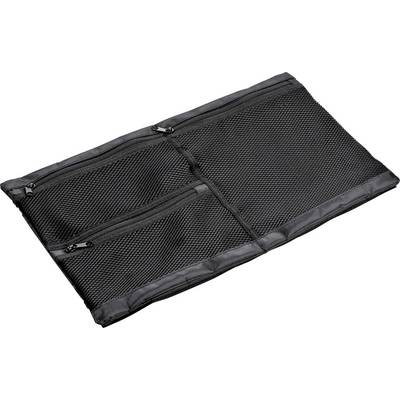 Sac en filet noir avec plusieurs fermetures éclair, utilisé pour le rangement ou l'organisation de petits objets.