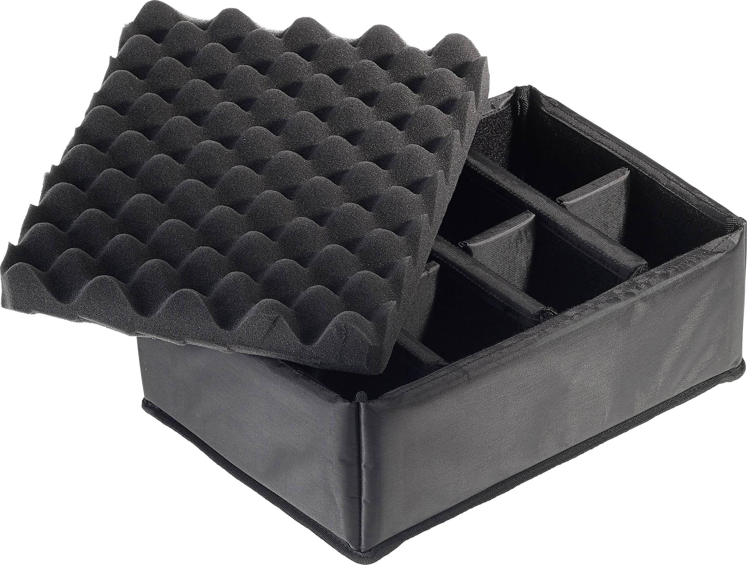 Coffret de rangement noir avec quatre compartiments intérieurs et couvercle amovible en mousse pour protéger les objets délicats.