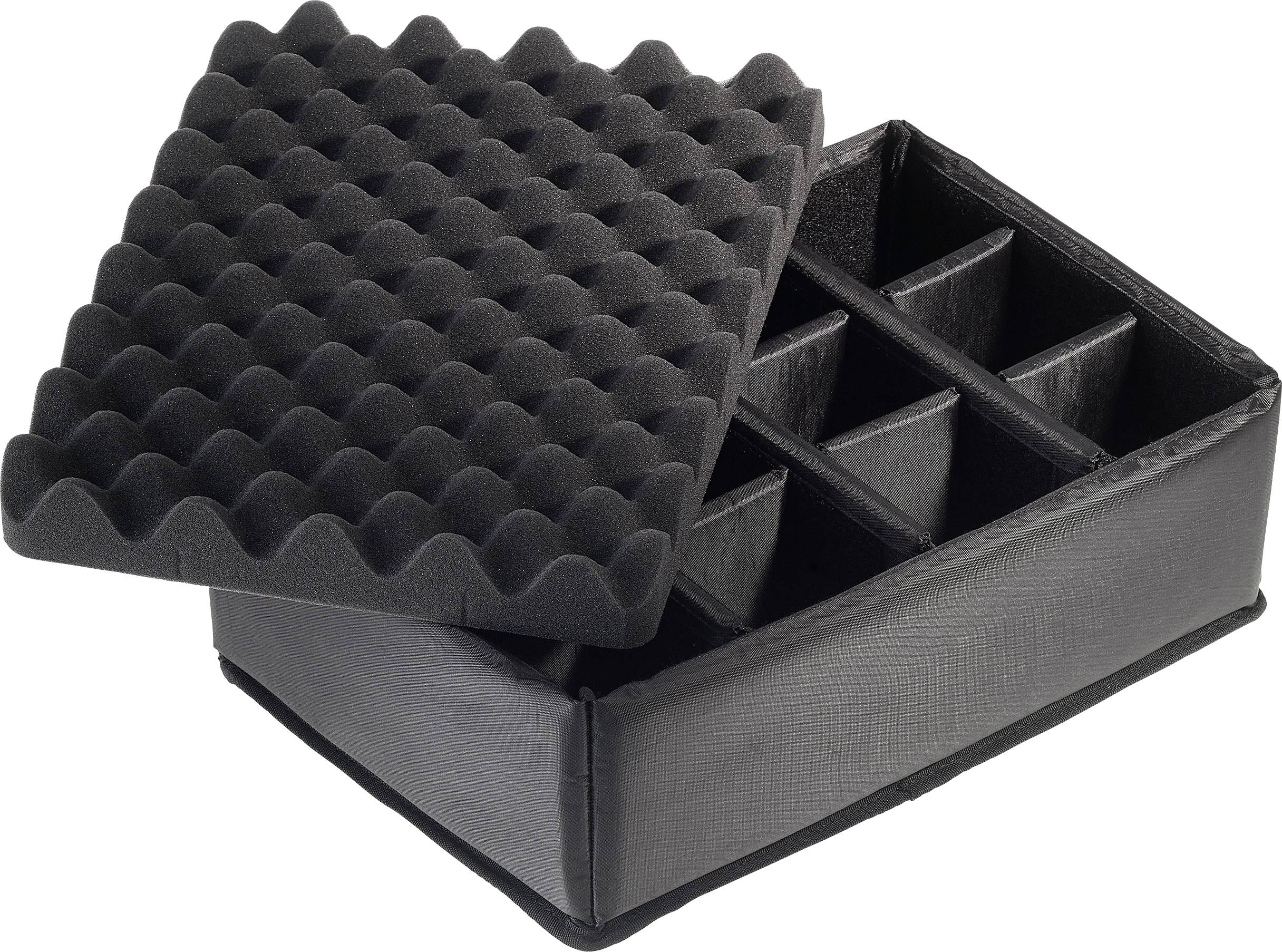 Boîte en mousse noire avec couvercle et compartiments, adaptée au rangement sécurisé ou au transport d'objets délicats.