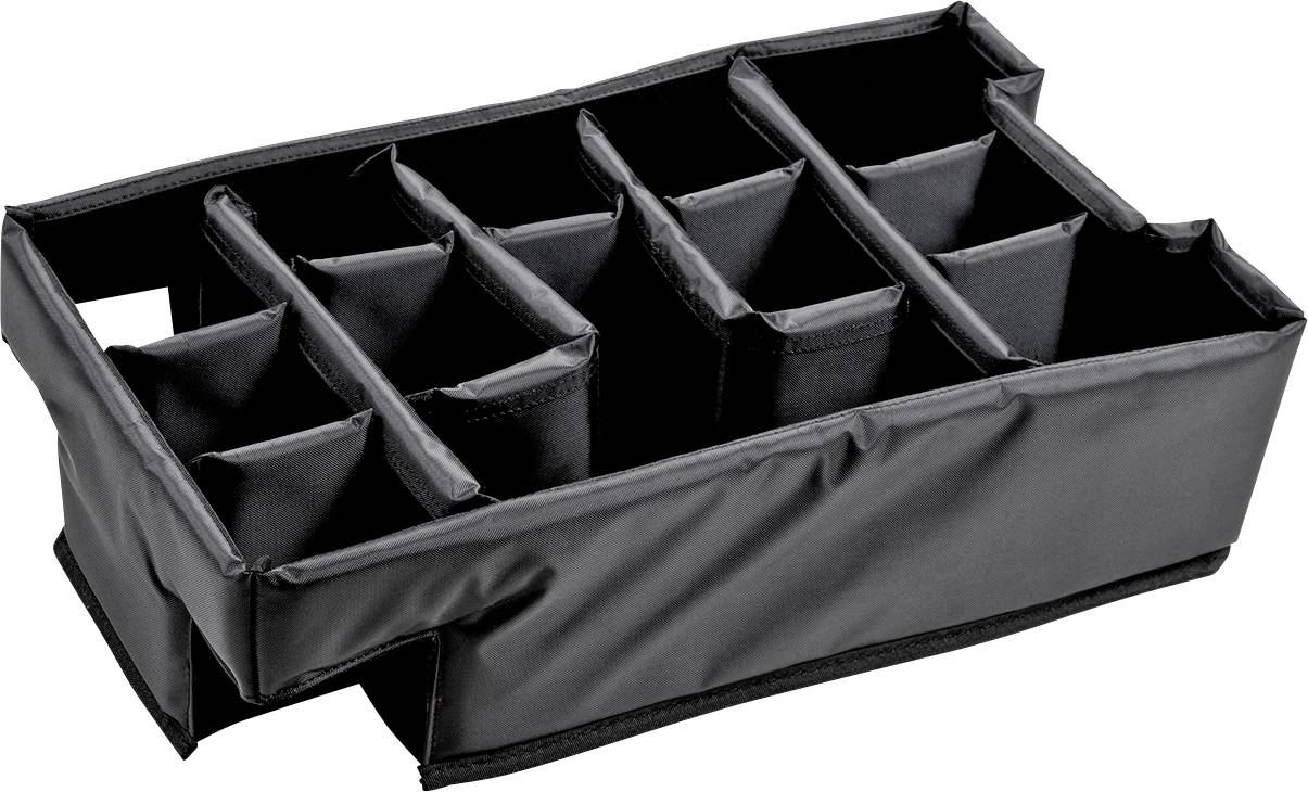 Organiseur noir rembourré avec plusieurs compartiments ajustables pour le rangement et l'organisation d'objets.