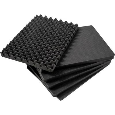 Plusieurs plaques de mousse noire empilées les unes sur les autres ; l'une d'entre elles présente une structure ondulée pour l'absorption acoustique.