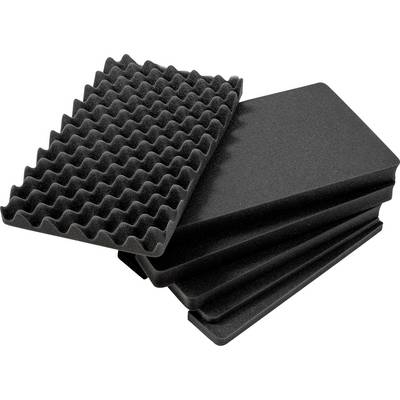 Garnitures en mousse noire avec une structure ondulée et plate, souvent utilisées pour le rembourrage ou l'isolation acoustique.