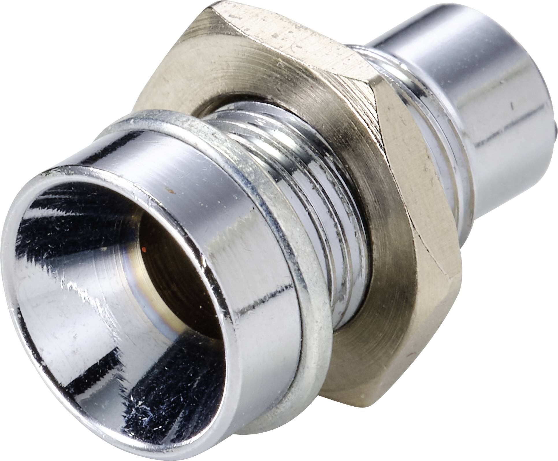 Adaptateur de fiche creuse métallique avec revêtement chromé, composé d'une partie de connexion cylindrique et d'un anneau de fixation hexagonal.