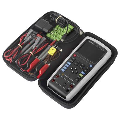 Un appareil de mesure portable dans un étui ouvert, entouré de divers câbles et accessoires, prêt pour des mesures électriques.
