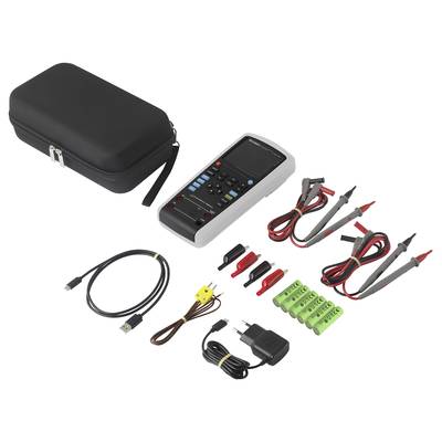 Un ensemble de multimètre numérique comprenant un coffret, des câbles de mesure, des pinces crocodiles, des batteries, un câble USB, un capteur de température et un adaptateur secteur.