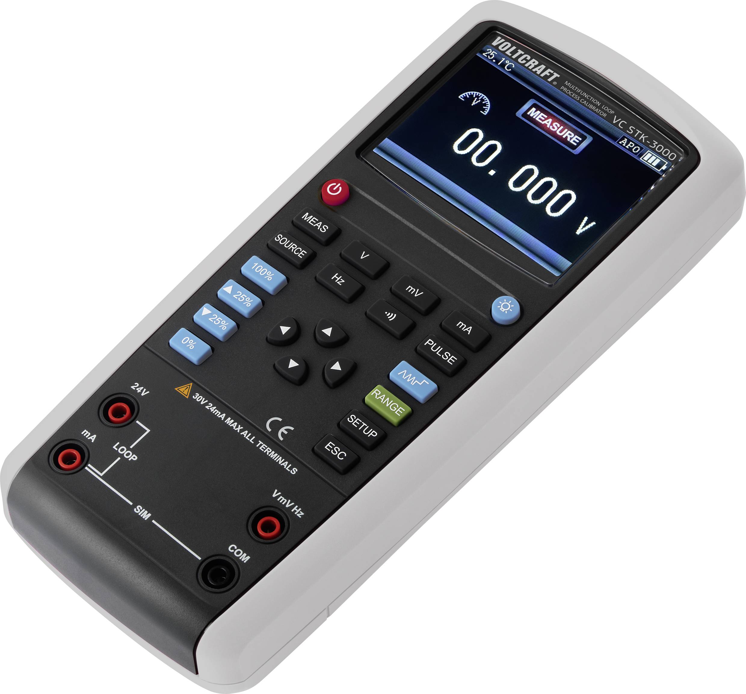 Un multimètre portable avec écran affiche '0,000 V' en texte bleu. Différentes touches de commande sont placées en dessous.