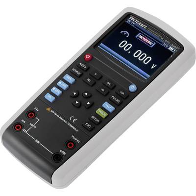 Un multimètre portable avec écran affiche '0,000 V' en texte bleu. Différentes touches de commande sont placées en dessous.