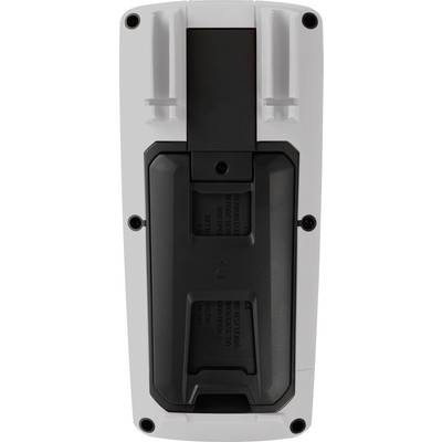 Dos d'un appareil électronique blanc avec un compartiment noir en plastique, probablement destiné aux batteries ou aux connexions.