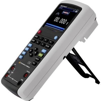 Appareil de mesure portable avec écran couleur et plusieurs touches de commande, affichant des mesures numériques. Placé sur un support.