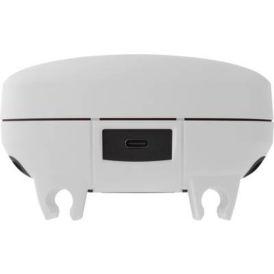 Un dispositif technique blanc, circulaire, doté d'un port USB-C noir au centre et de deux supports symétriques en bas.