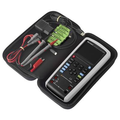 Un multimètre portable avec écran et touches, dans un étui de protection ouvert avec des câbles et un adaptateur.