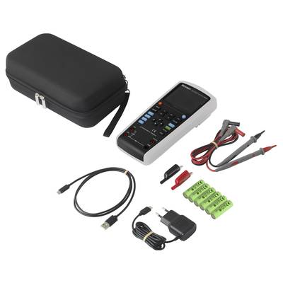 Multimètre numérique avec accessoires : sacoche de transport, câble USB, câbles de mesure, supports de batterie, adaptateur secteur et batteries.