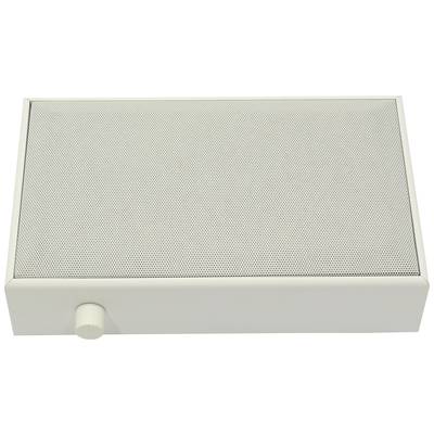 Un haut-parleur blanc rectangulaire avec un petit bouton de volume situé en bas à gauche.