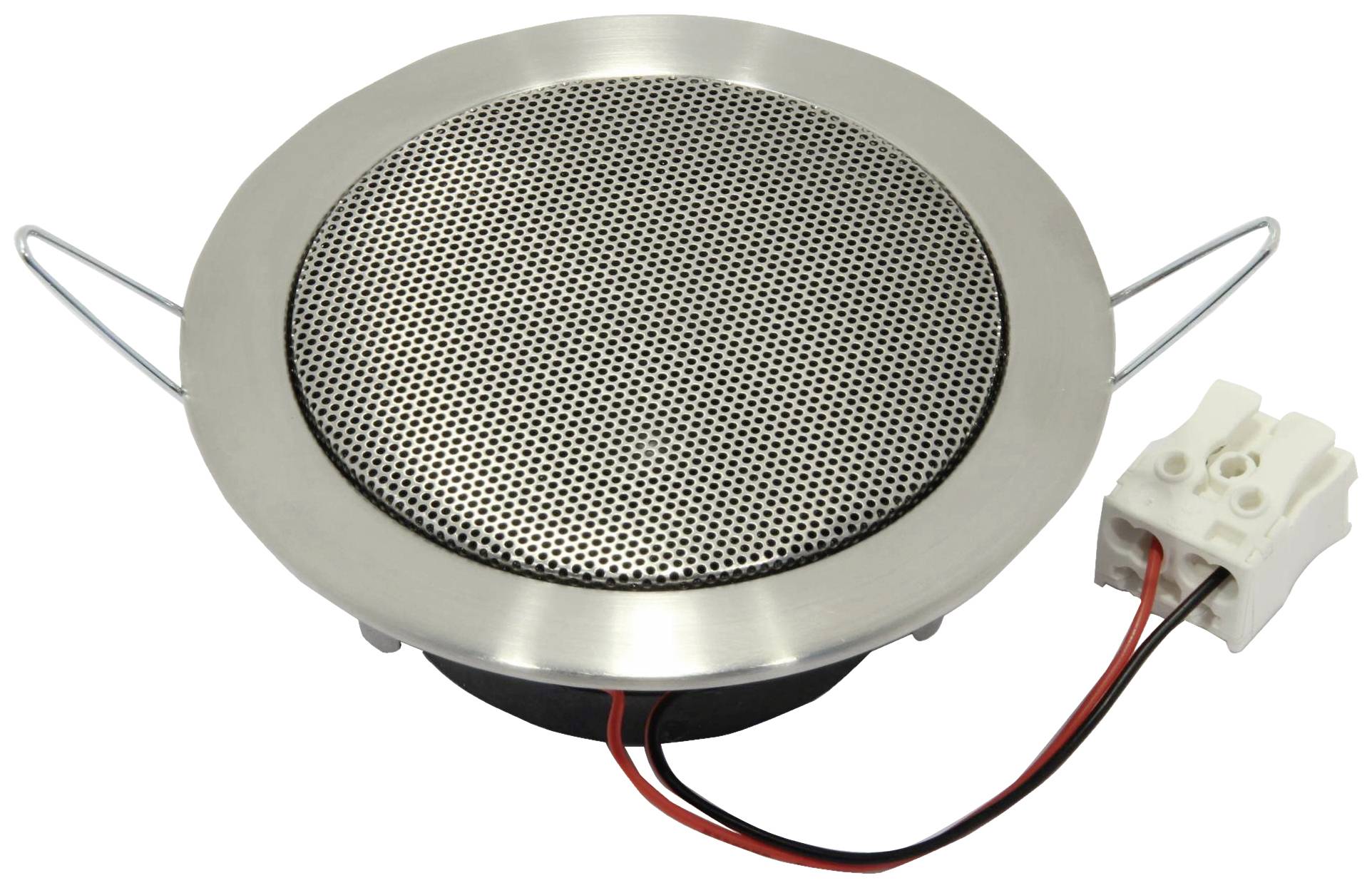 Haut-parleur métallique plat et rond pour montage au plafond, avec connexion par câble. Adapté pour la diffusion audio en intérieur.
