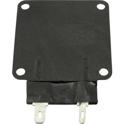 Un composant électronique rectangulaire noir avec deux contacts métalliques en bas et quatre trous de vis dans les coins.
