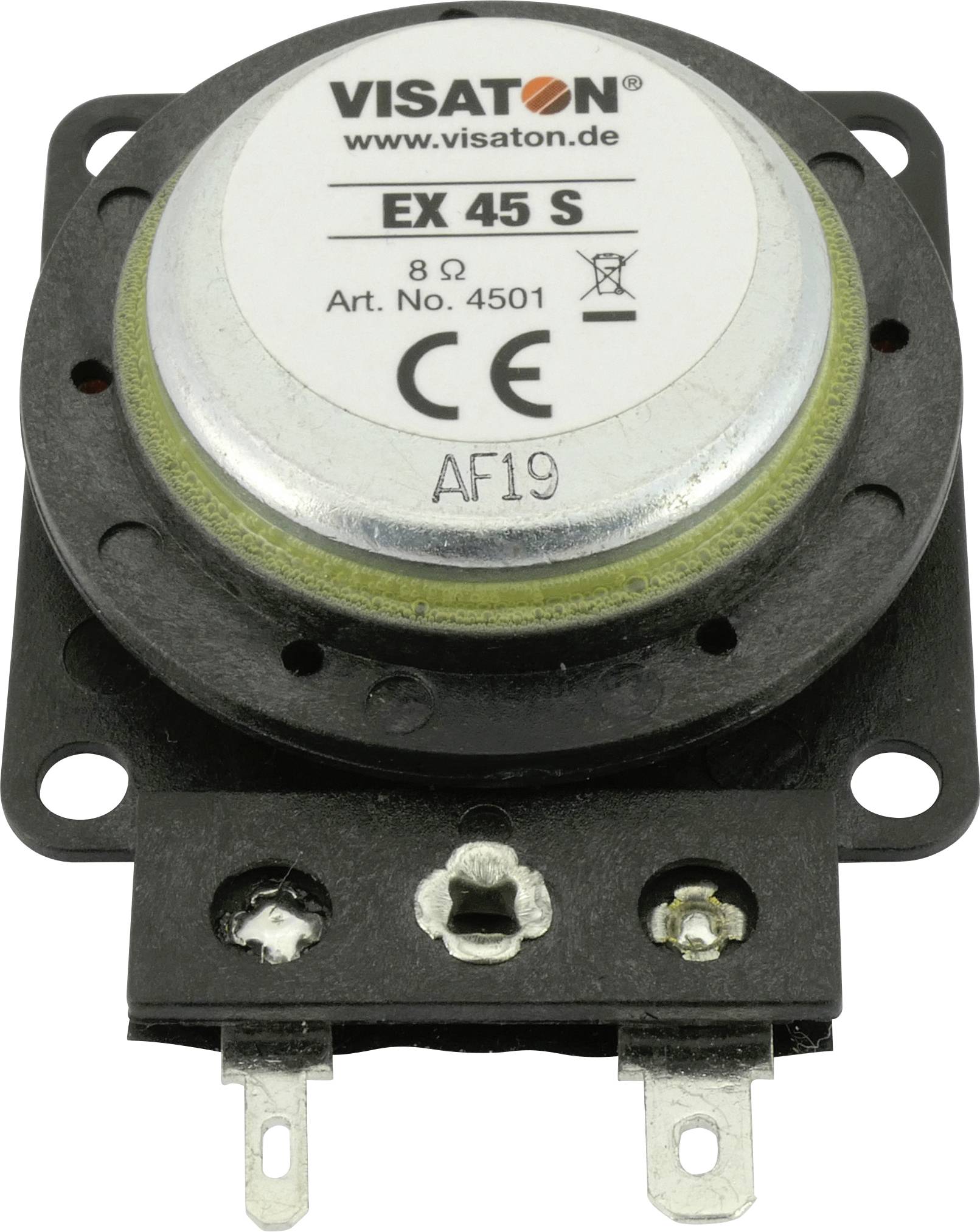 Haut-parleur à vibration 'Visaton EX 45 S', 8 Ohms, Réf. 4501, avec marquage CE et numéro de modèle AF19 sur support noir.