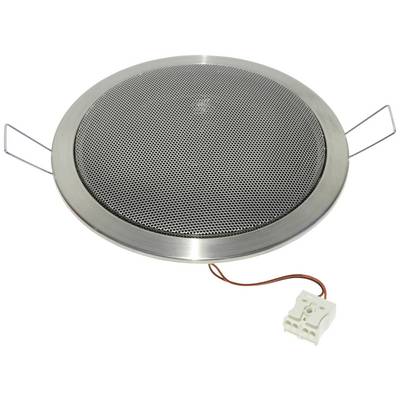Un haut-parleur de plafond rond avec un cadre métallique et une grille de protection, raccordé à un câble blanc avec un connecteur.