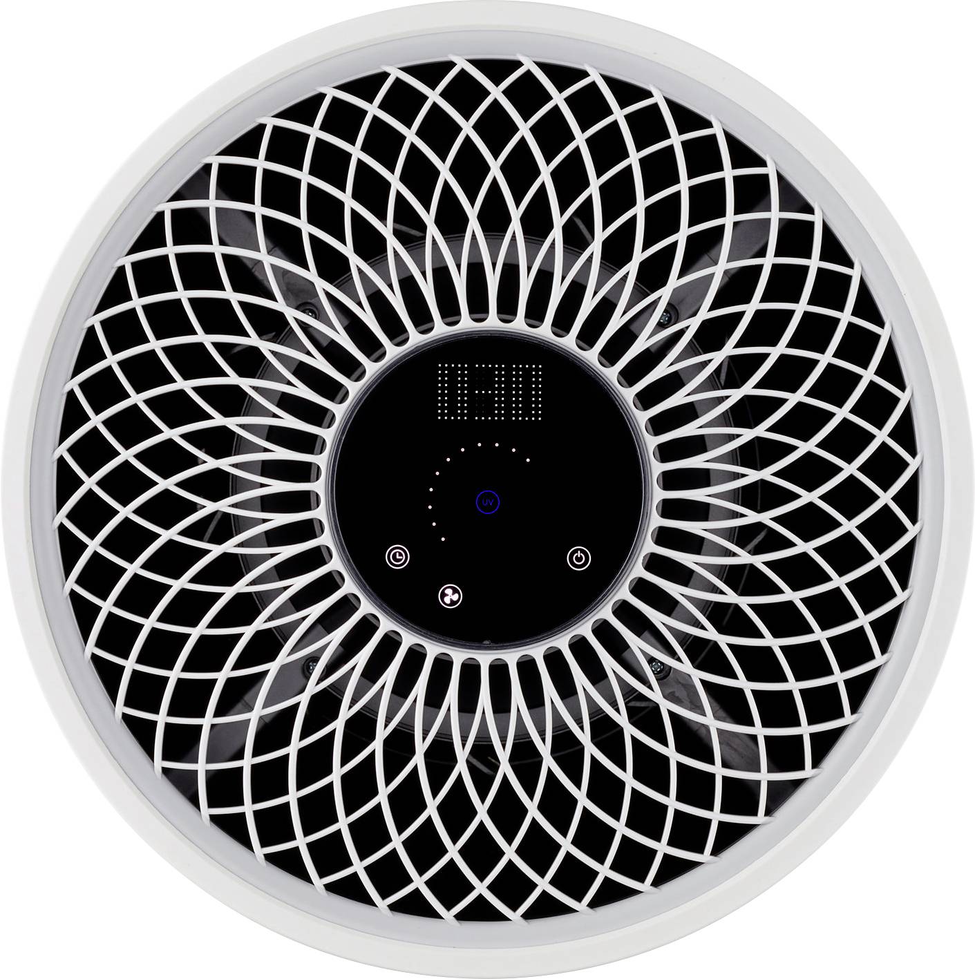 Vue d'un ventilateur de plafond moderne depuis le bas. Le design présente un motif de grille circulaire autour d'un affichage numérique central.