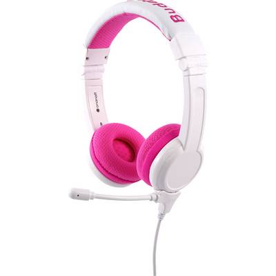 Écouteurs blancs avec coussinets roses et microphone intégré.