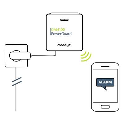 Un système d'alarme mobile connecté à une prise électrique envoie un message d'alerte 'ALARM' à un smartphone.