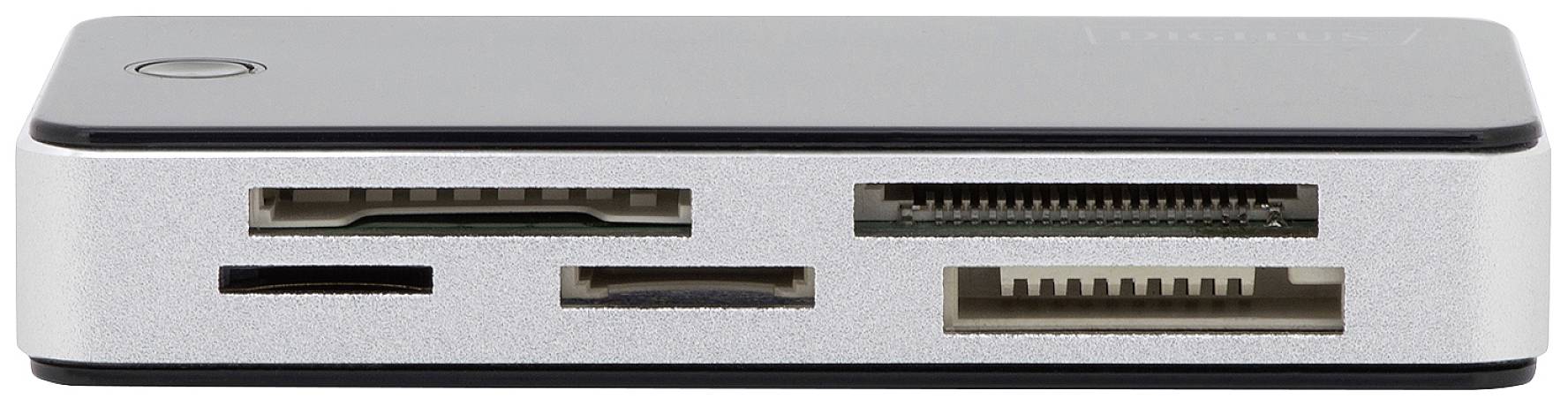 Lecteur de cartes externe avec plusieurs emplacements pour différents types de cartes mémoire, compact et portable.