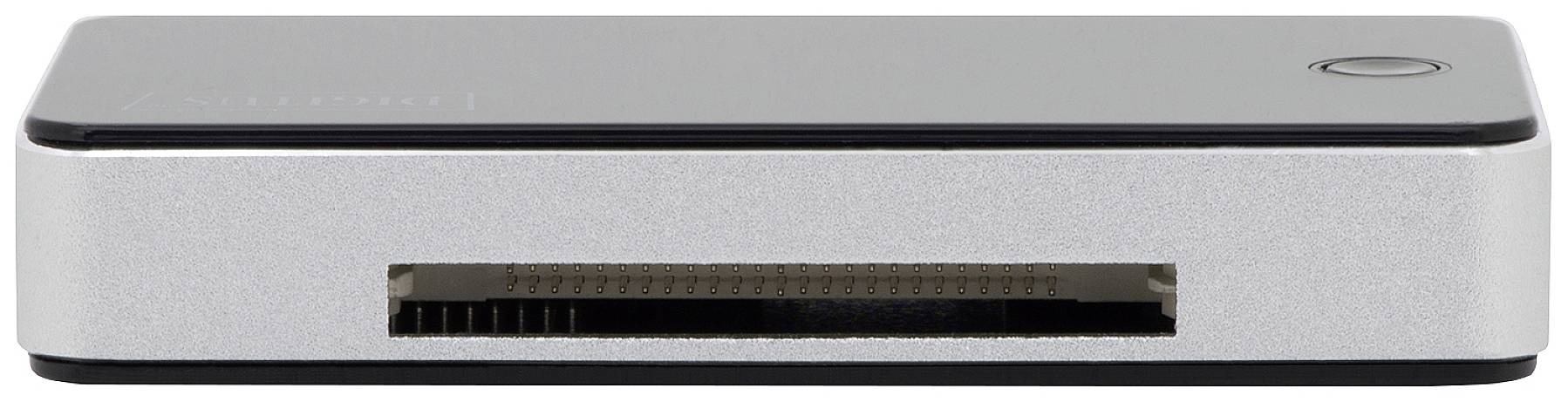 Lecteur de carte mémoire argenté avec un logement pour carte à l'avant ; forme rectangulaire minimaliste.